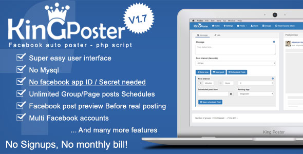 King poster - Facebook multi Group Page auto post - PHP script v1.7.9