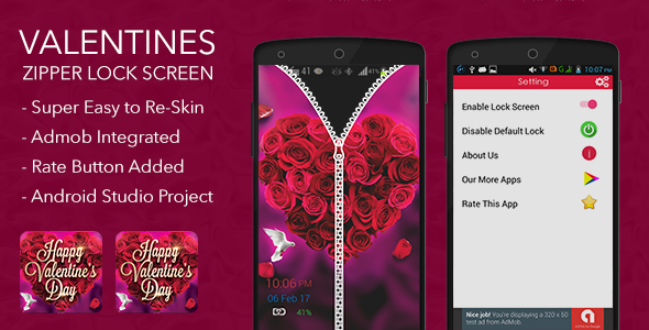 Valentines Zipper Lock Screen with Admob